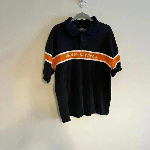 Harley Davidson Motorcycles Black Orange Striped Golf Polo Large - Picture 2 of 7